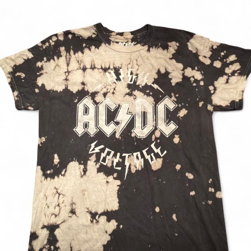 AC/DC High Voltage Bleach Tie Dye Graphic‎ T-Shirt Black White S/M Mens Womens
